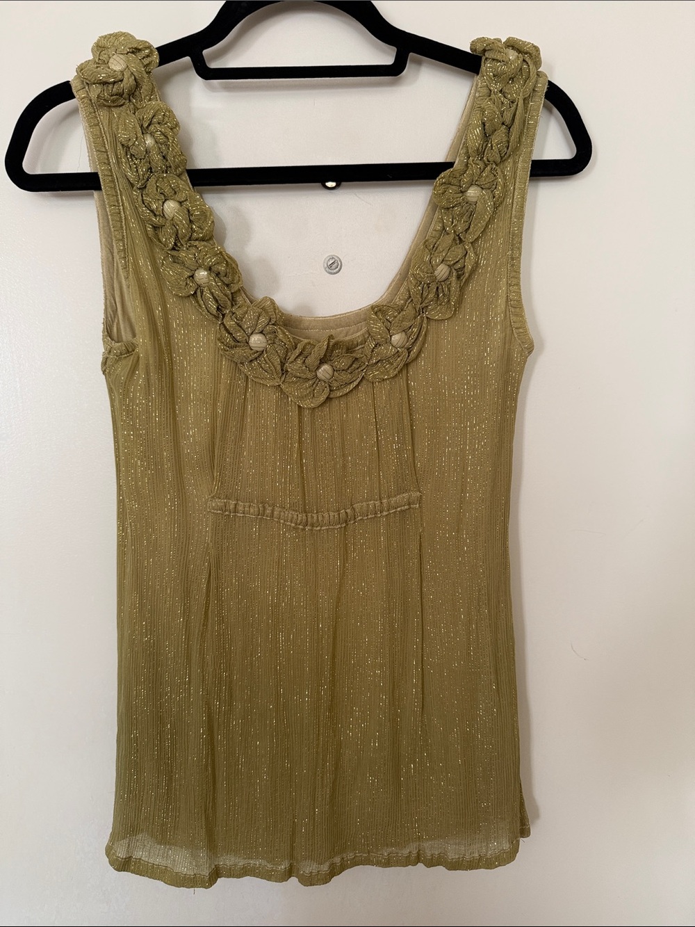 Anthropologie Flower Scoop Tank Camisole in Olive with Subtle Gold Glitter.